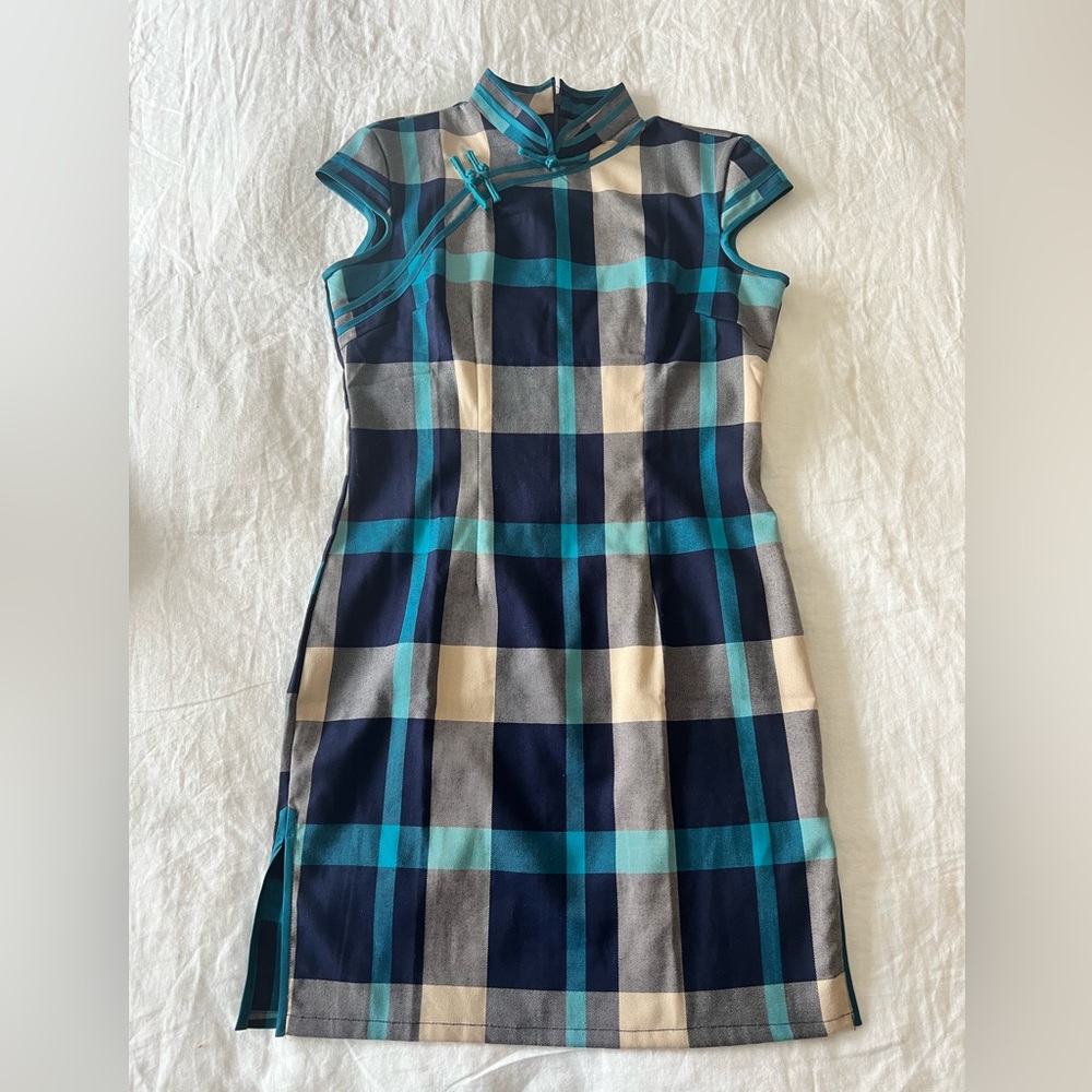 Qipao flannel green and blue, US Size M
